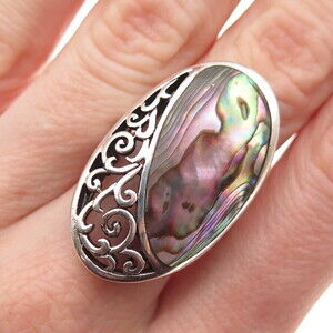 Collins Fine Jewelry Sterling Vintage Real Abalone Shell Ornate Ring Size 6.75
